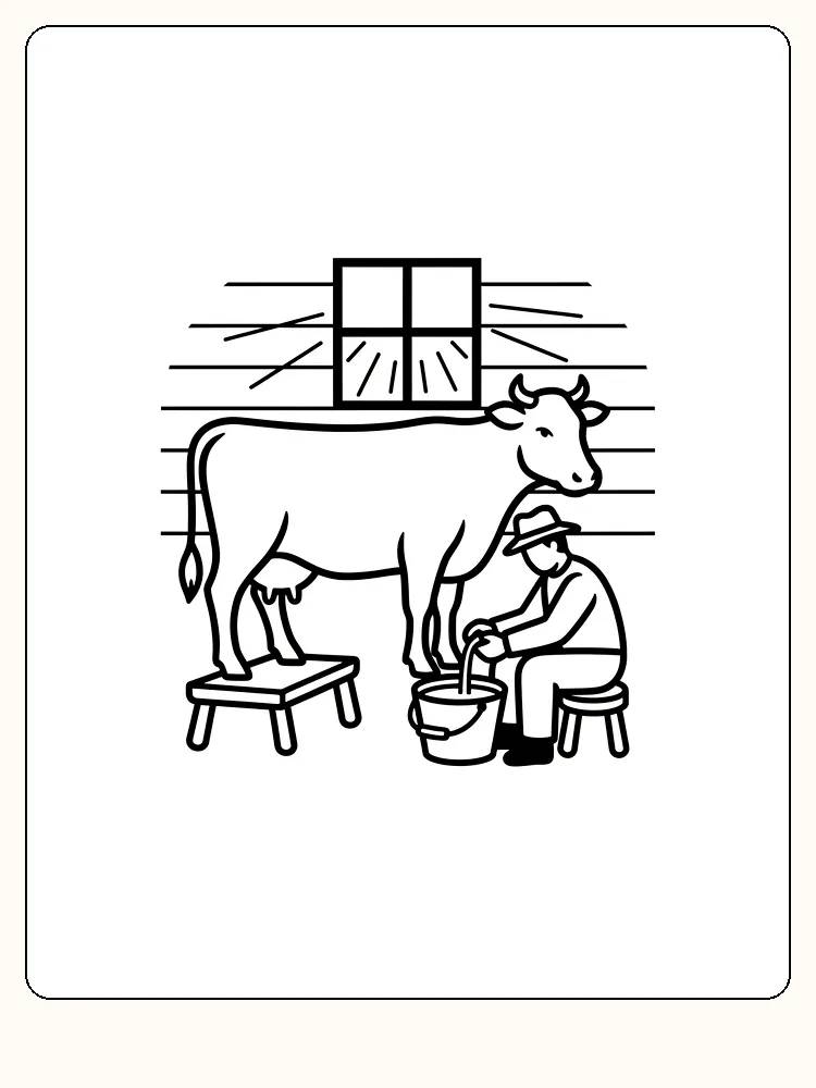 Tegning til farvelægning af en landmand, der malker en ko i en stald, klar til print
