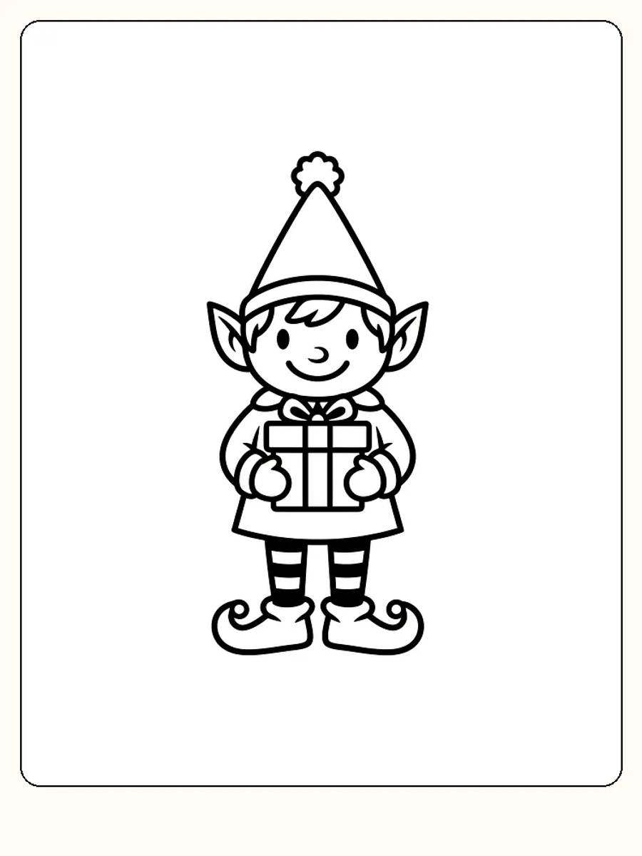 Tegning til farvelægning af nisse med hue, der holder en gave, klar til download
