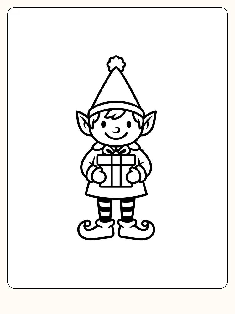 Tegning til farvelægning af nisse med hue, der holder en gave, klar til download