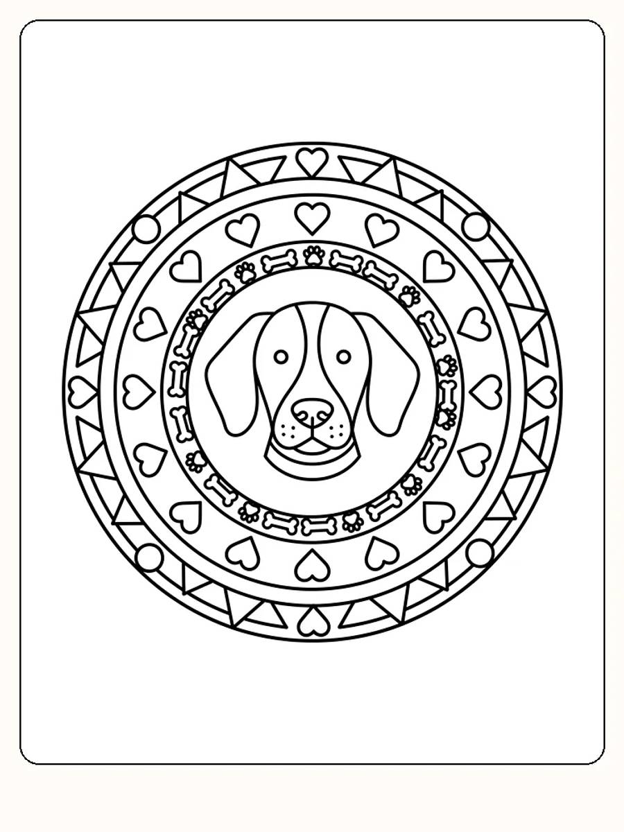 Fargeleggingstegning av hund i mandala omgitt av hjerter og sirkler