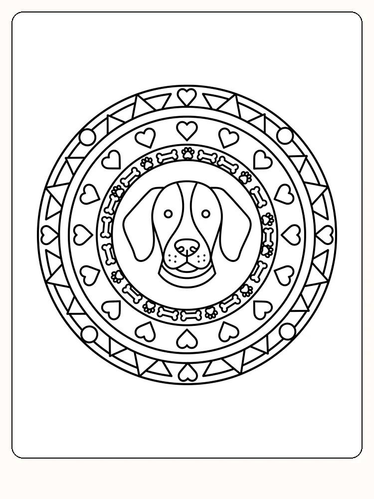 Fargeleggingstegning av hund i mandala omgitt av hjerter og sirkler