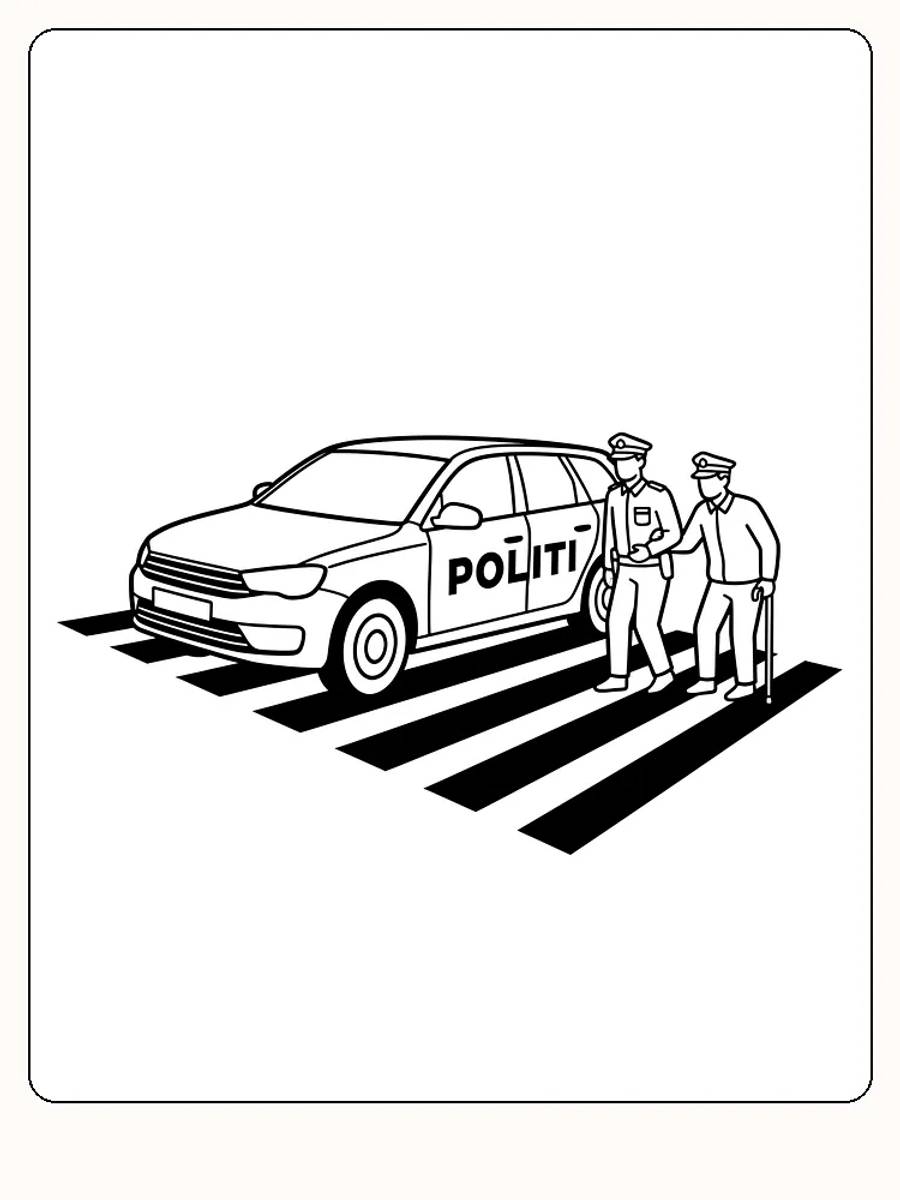 Fargeleggingstegning av en politibil ved et gangfelt der en politimann hjelper en eldre person