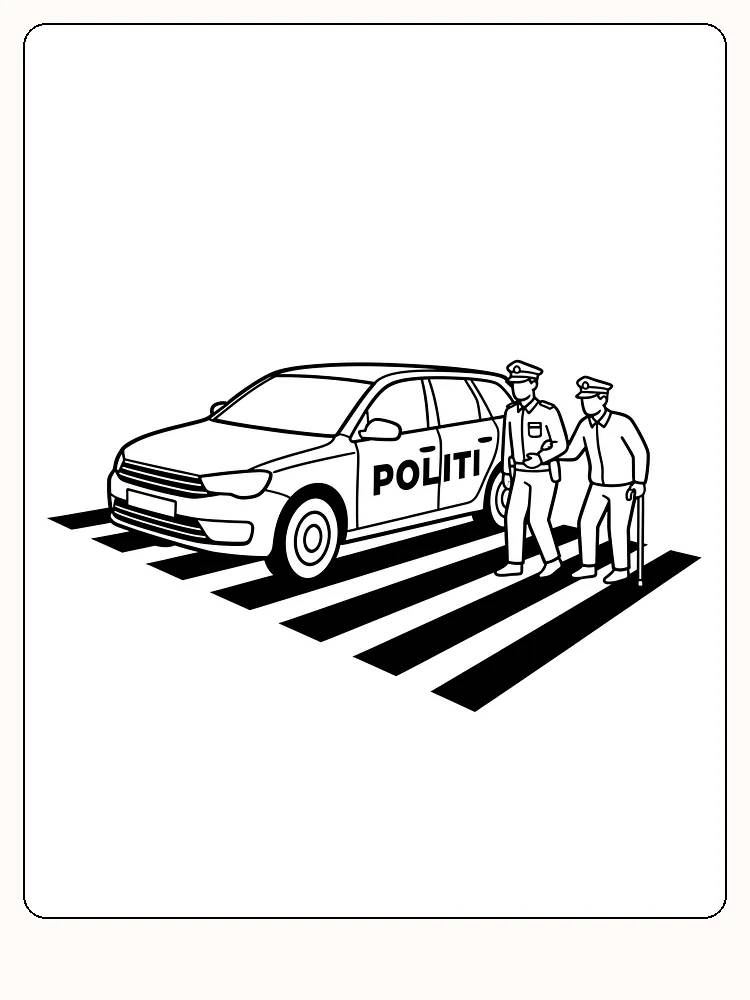 Fargeleggingstegning av en politibil ved et gangfelt der en politimann hjelper en eldre person