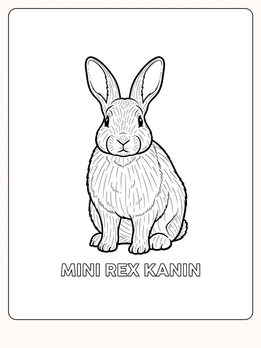 Fargeleggingstegning av en Mini Rex kanin som sitter, klar for utskrift