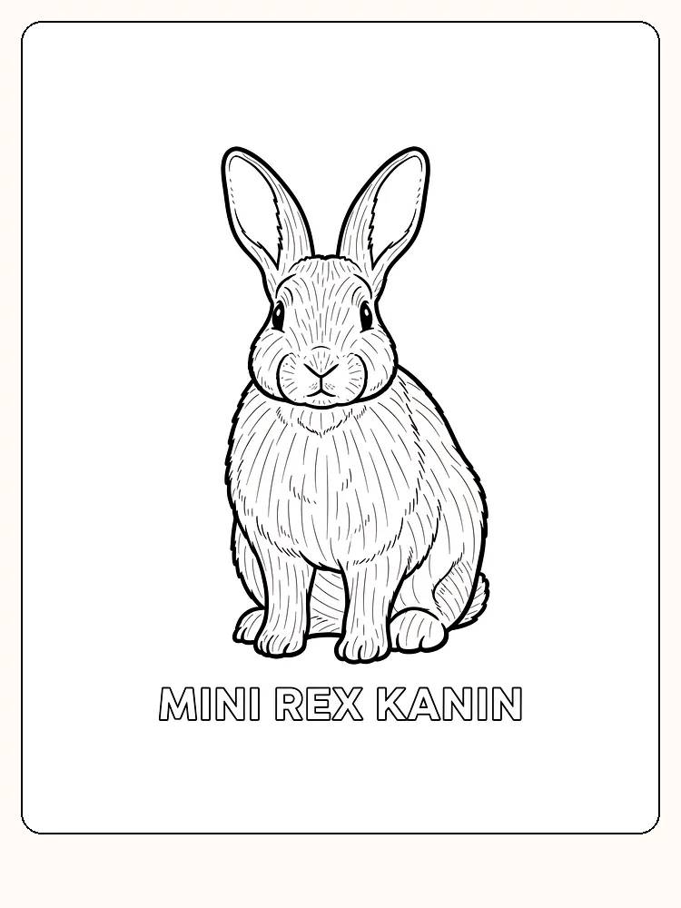 Fargeleggingstegning av en Mini Rex kanin som sitter, klar for utskrift
