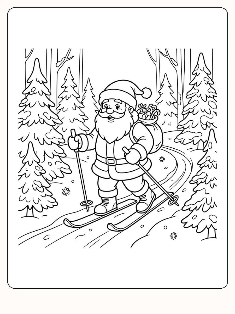 Nisse på ski langs et svingete spor i en snødekt skog, med to skistaver, sekk på ryggen og grantrær med snø rundt seg