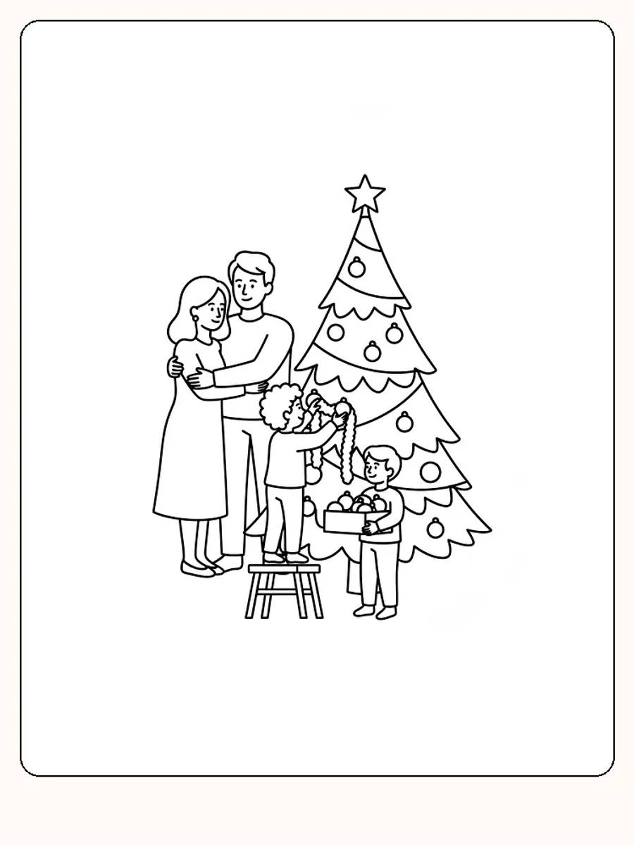 Fargelegging av familie som pynter juletre, perfekt for nedlasting