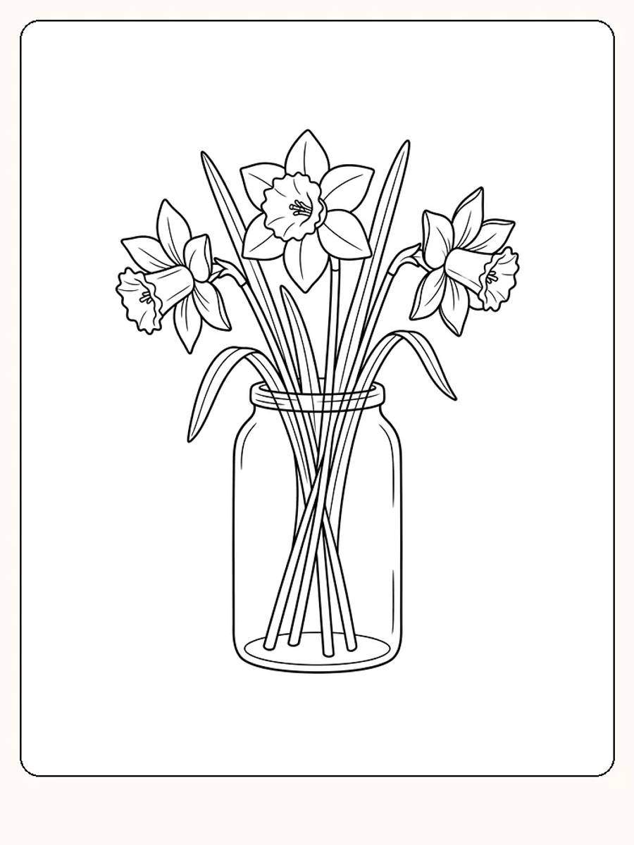 Tre påskeliljer som blomster i en høy glasskrukke, med én blomst som heller til siden og blader som bøyer seg over kanten