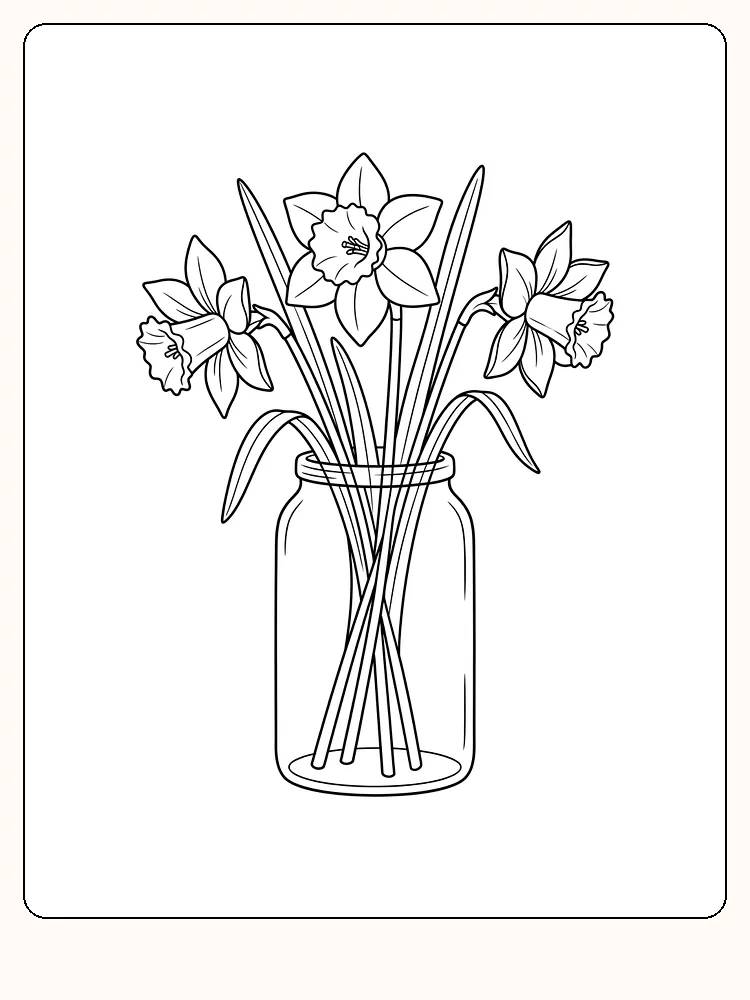 Tre påskeliljer som blomster i en høy glasskrukke, med én blomst som heller til siden og blader som bøyer seg over kanten
