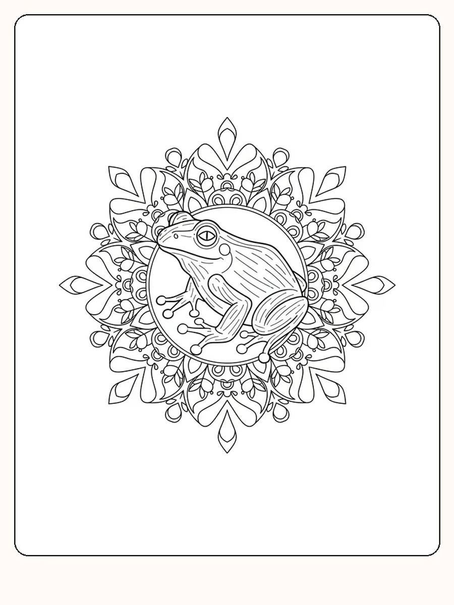 Fargeleggingsbilde av en frosk i en detaljerik medaljong med blomster, klar for utskrift