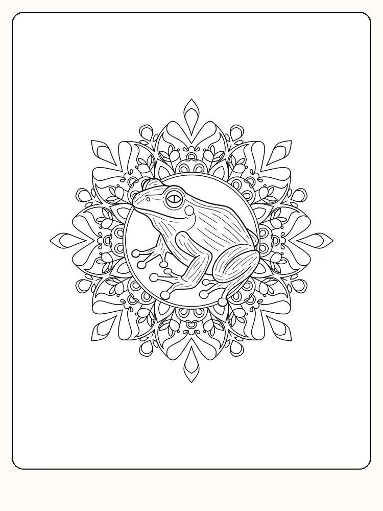 Fargeleggingsbilde av en frosk i en detaljerik medaljong med blomster, klar for utskrift