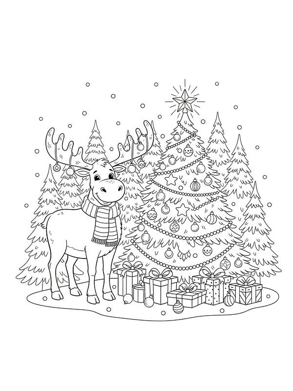 Elg ved juletræ med gaver