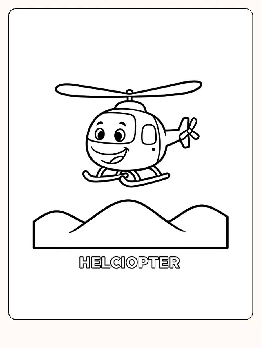 Målarbild av en leende helikopter med stora ögon som flyger över marken.