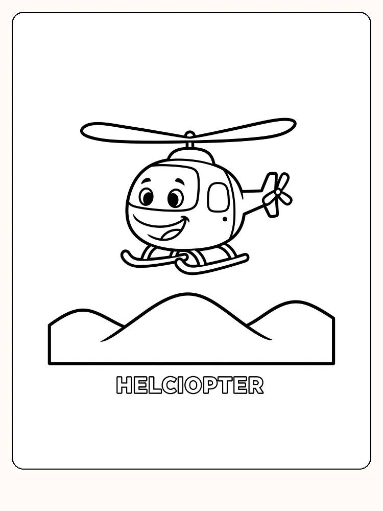 Målarbild av en leende helikopter med stora ögon som flyger över marken.