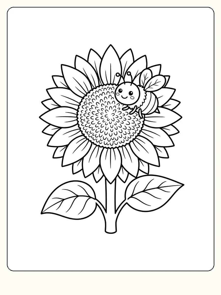 Solsikkeblomst med en smilende bie på midten, tykk stilk og to store blader på hvit bakgrunn
