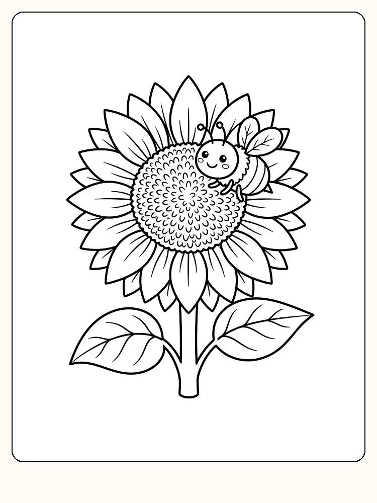 Solsikkeblomst med en smilende bie på midten, tykk stilk og to store blader på hvit bakgrunn