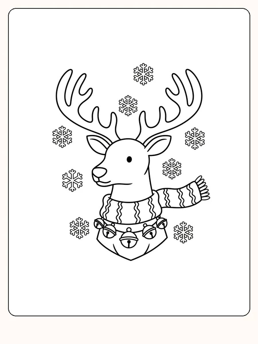 Fargeleggingstegning av en rein med skjerf og snøfnugg rundt, klar for utskrift