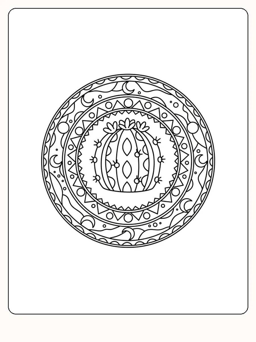Ausmalbild einer komplexen Mandala mit detaillierten Mustern, bereit zum Ausdrucken.