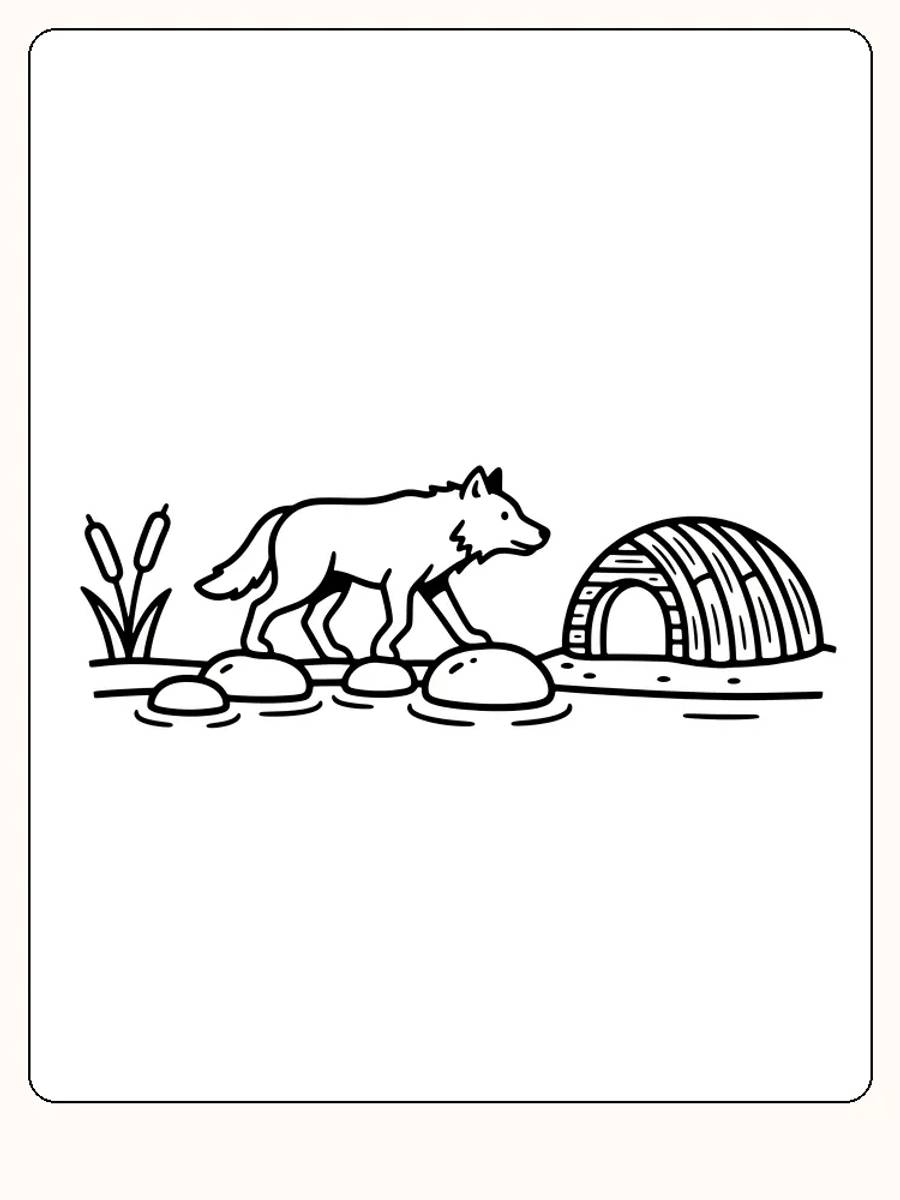 Tegning til farvelægning af en ulv ved bækken med en hule i baggrunden, klar til print