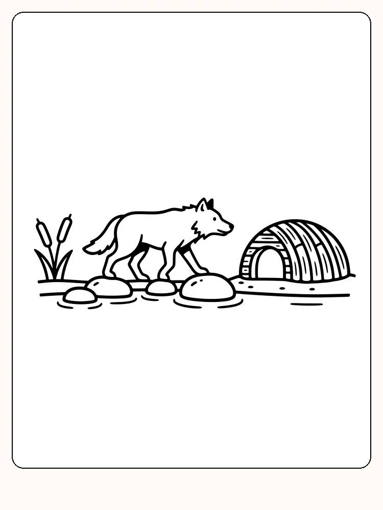 Tegning til farvelægning af en ulv ved bækken med en hule i baggrunden, klar til print