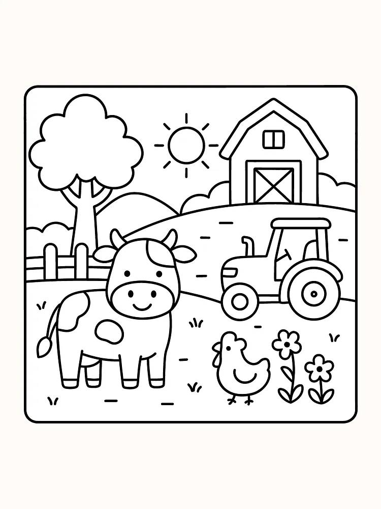Fargeleggingstegning av en bondegård med ku, traktor og sol, klar for utskrift