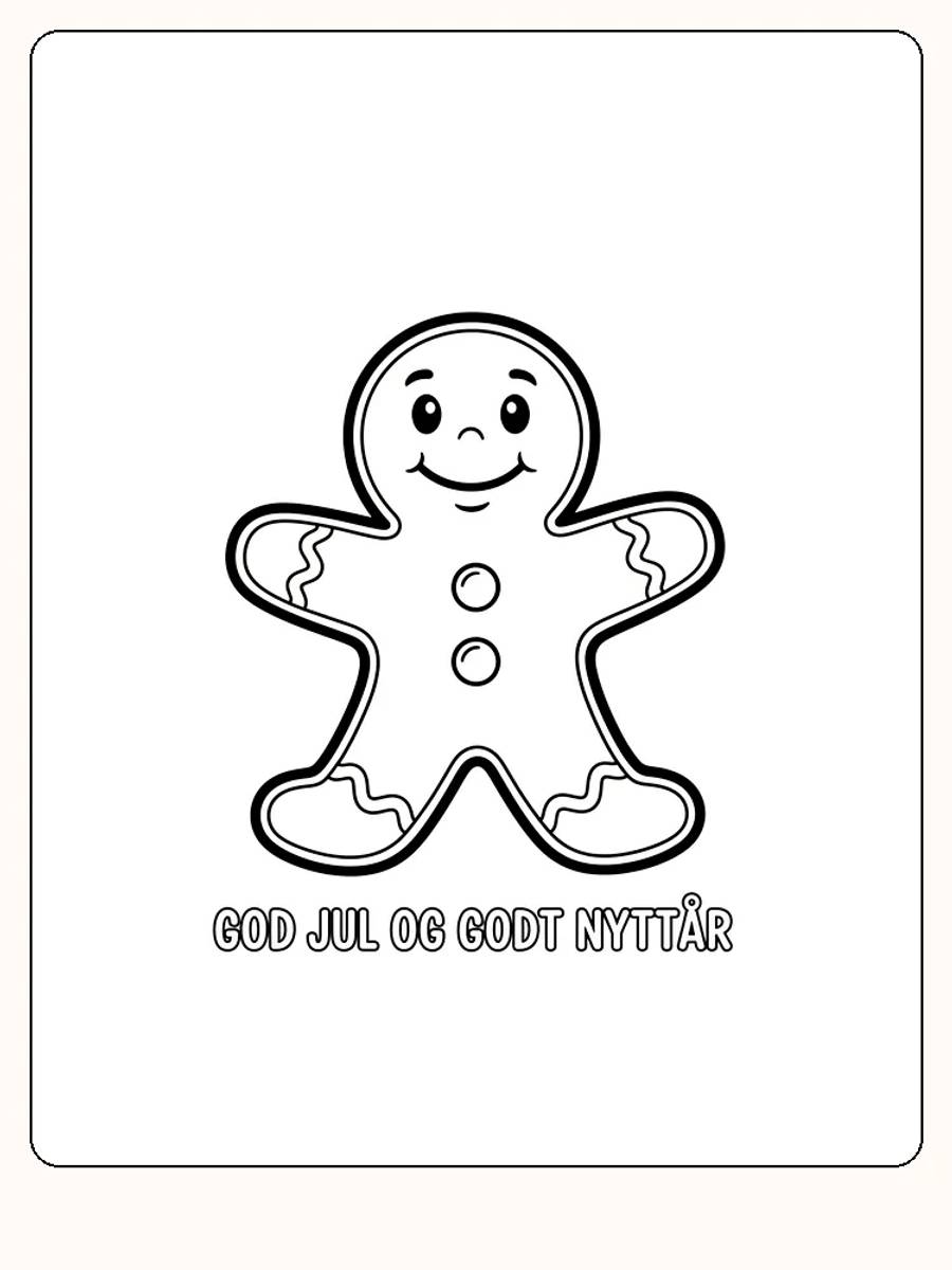 Fargelegging av en smilende pepperkakemann med teksten 'God Jul og Godt Nyttår', klar for utskrift