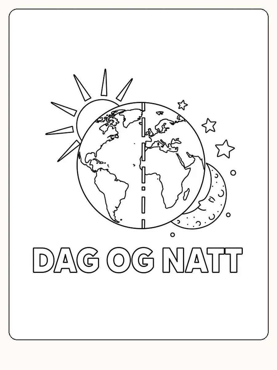 Tegning til farvelægning af jordkloden med dag og nat, sol og måne