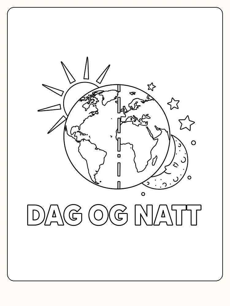 Tegning til farvelægning af jordkloden med dag og nat, sol og måne