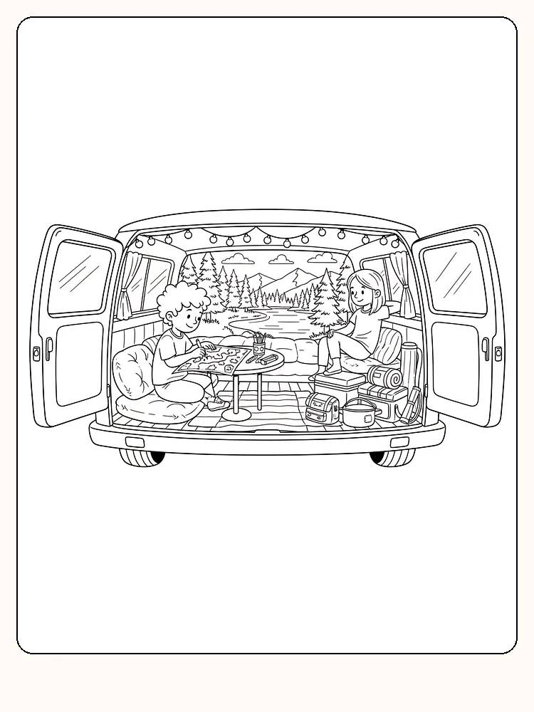 Tegning til farvelægning af en autocamper med åben bagdør og udsigt til naturen foran, klar til print