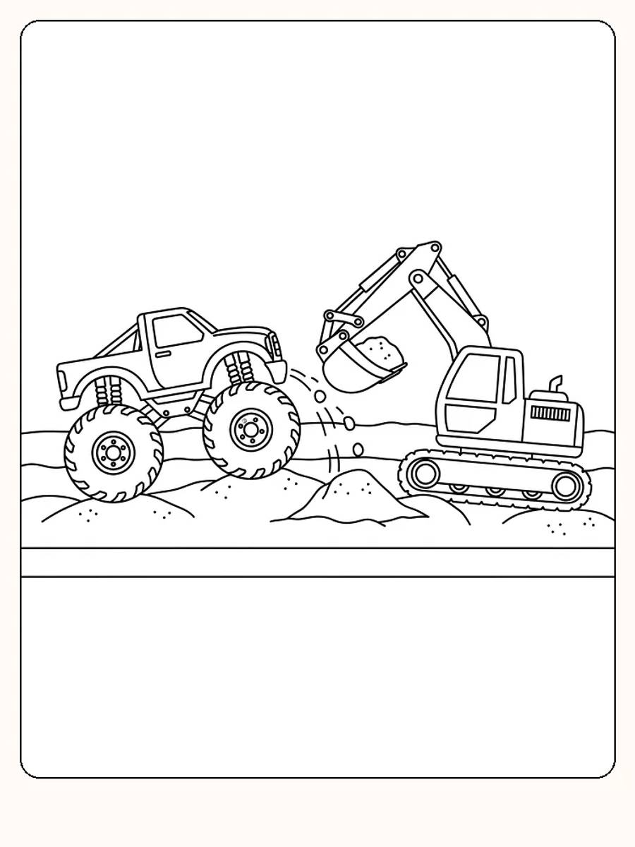 Monstertruck og gravemaskin i arbeid, klar for fargelegging