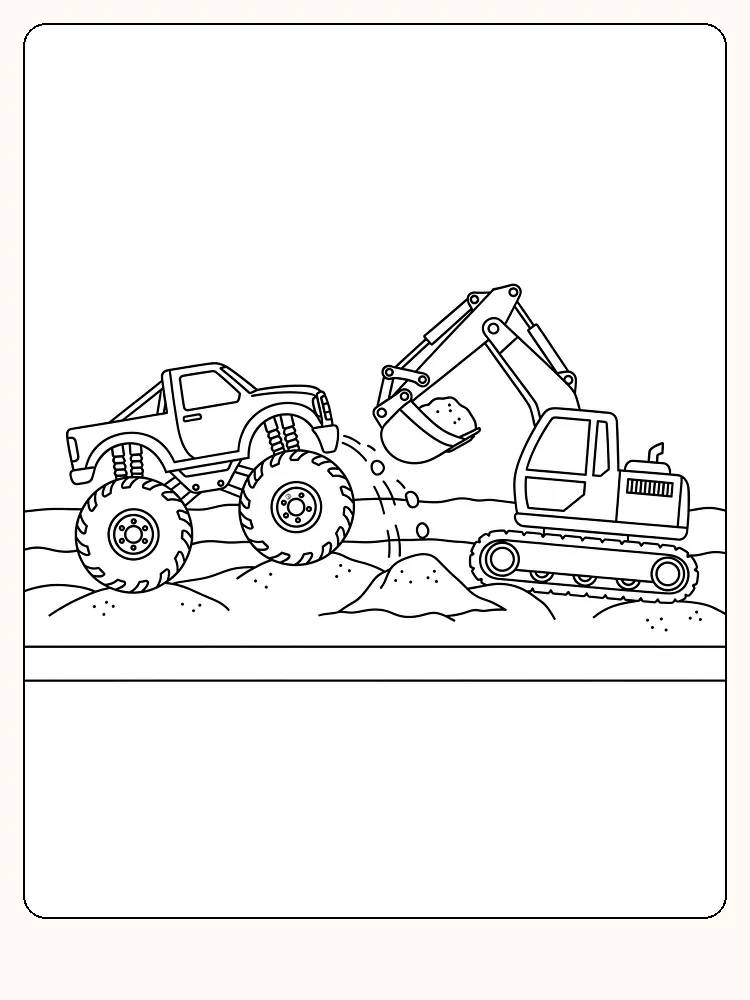 Monstertruck og gravemaskin i arbeid, klar for fargelegging