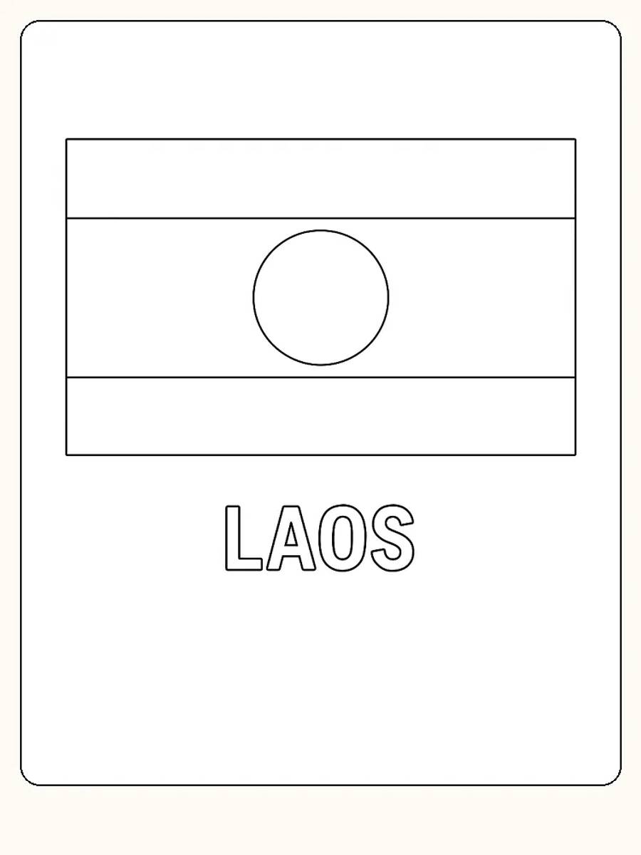 Alt-Text: Flagge von Laos mit rotem, blauem und weißem Kreismuster, bereit zum Ausmalen.