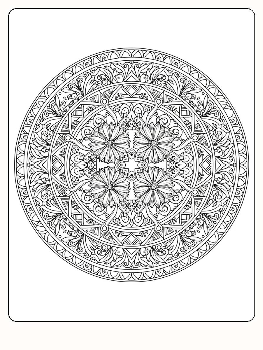 Indviklet mandala med blomster til farvelægning, godt til afslapning