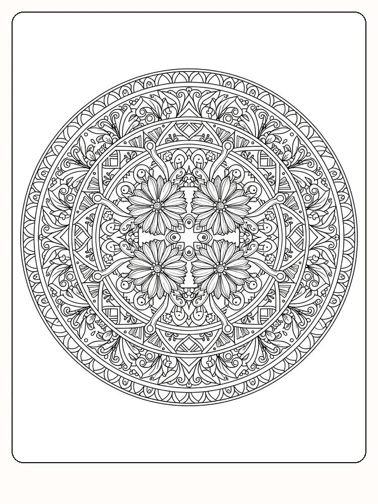 Indviklet mandala med blomster til farvelægning, godt til afslapning