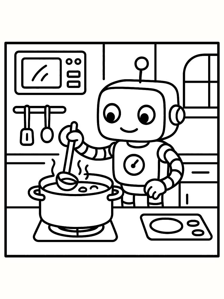 Robot i køkkenet, der rører i en gryde, klar til farvelægning