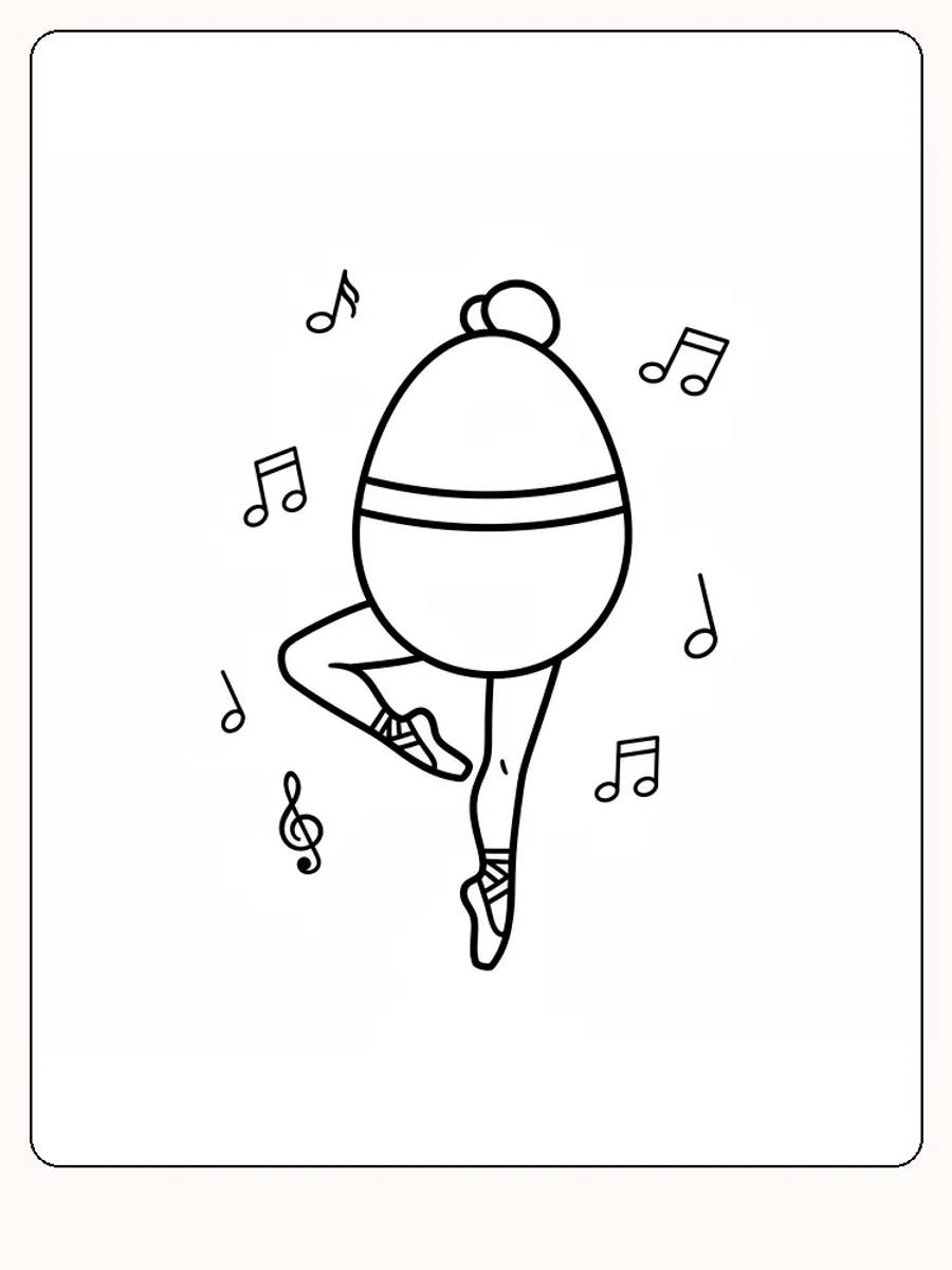 Tegning til farvelægning af en ægformet ballerina med musiknoder, klar til print