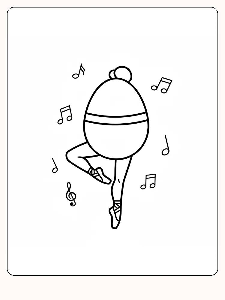 Tegning til farvelægning af en ægformet ballerina med musiknoder, klar til print