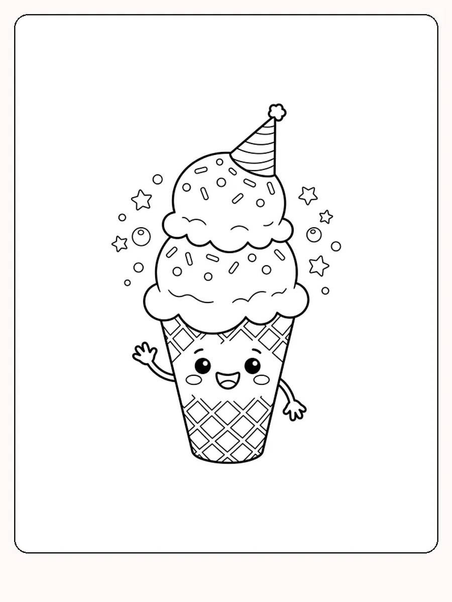 Glace souriante avec deux boules sur un cornet gaufré, un chapeau de fête rayé sur la tête et de petites étoiles et des bulles autour