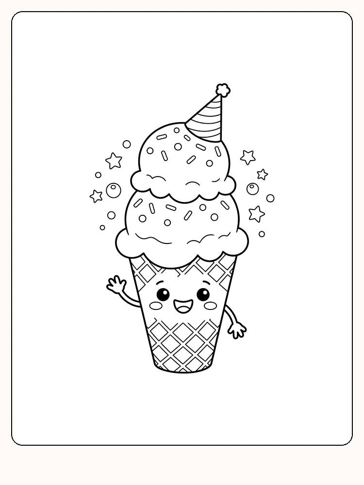 Glace souriante avec deux boules sur un cornet gaufré, un chapeau de fête rayé sur la tête et de petites étoiles et des bulles autour