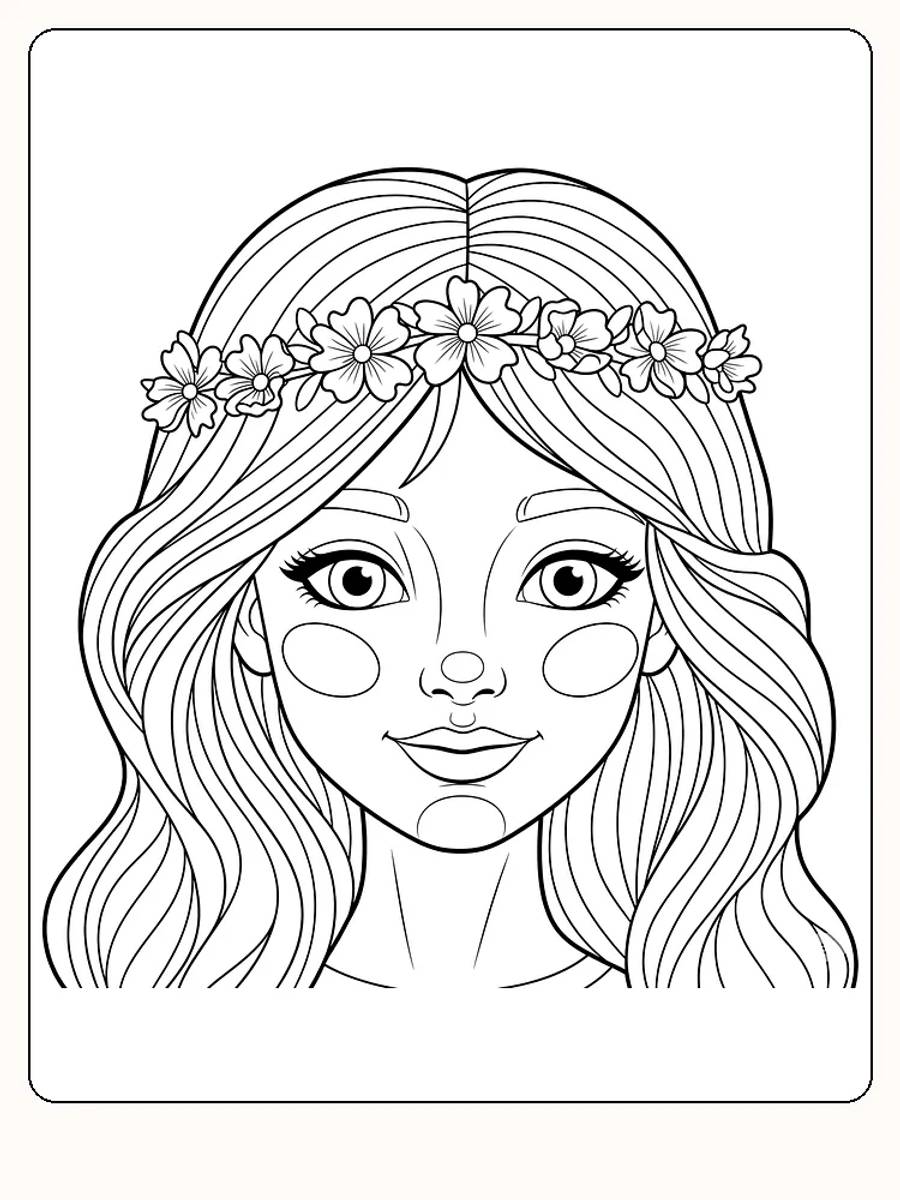 Målarbild av en tjej med blomsterkrans, klar för utskrift