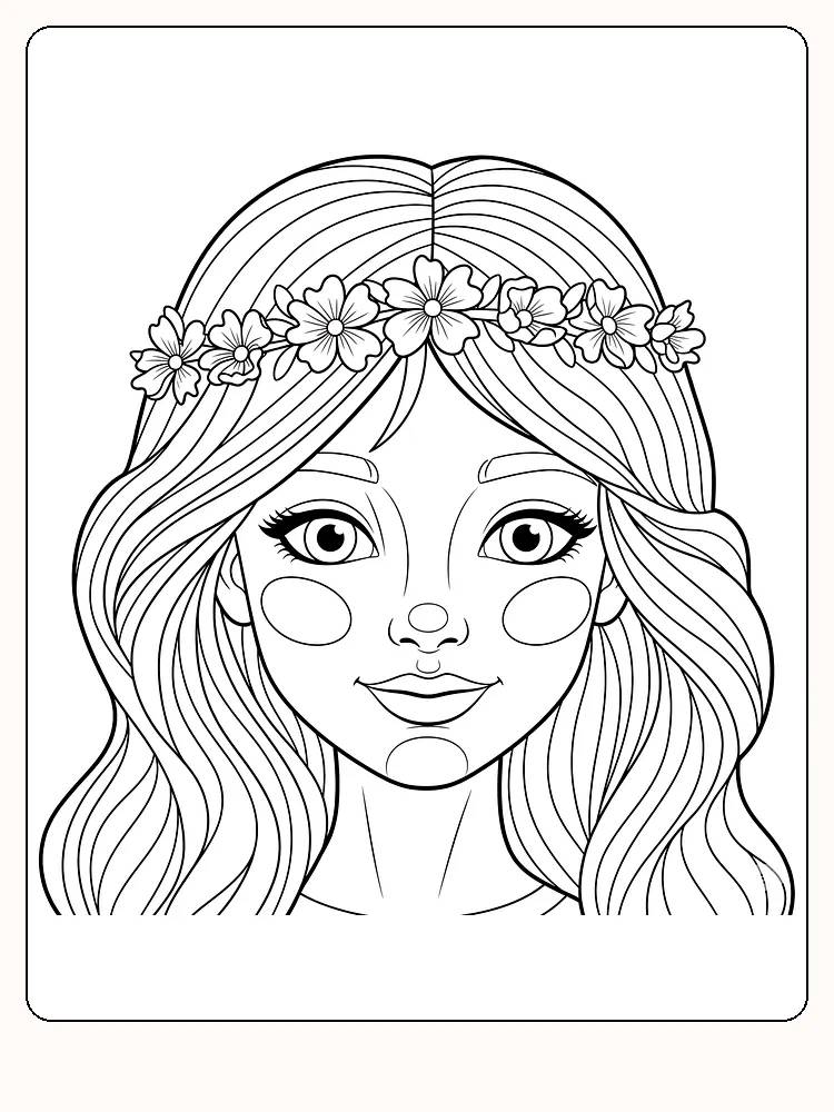 Målarbild av en tjej med blomsterkrans, klar för utskrift