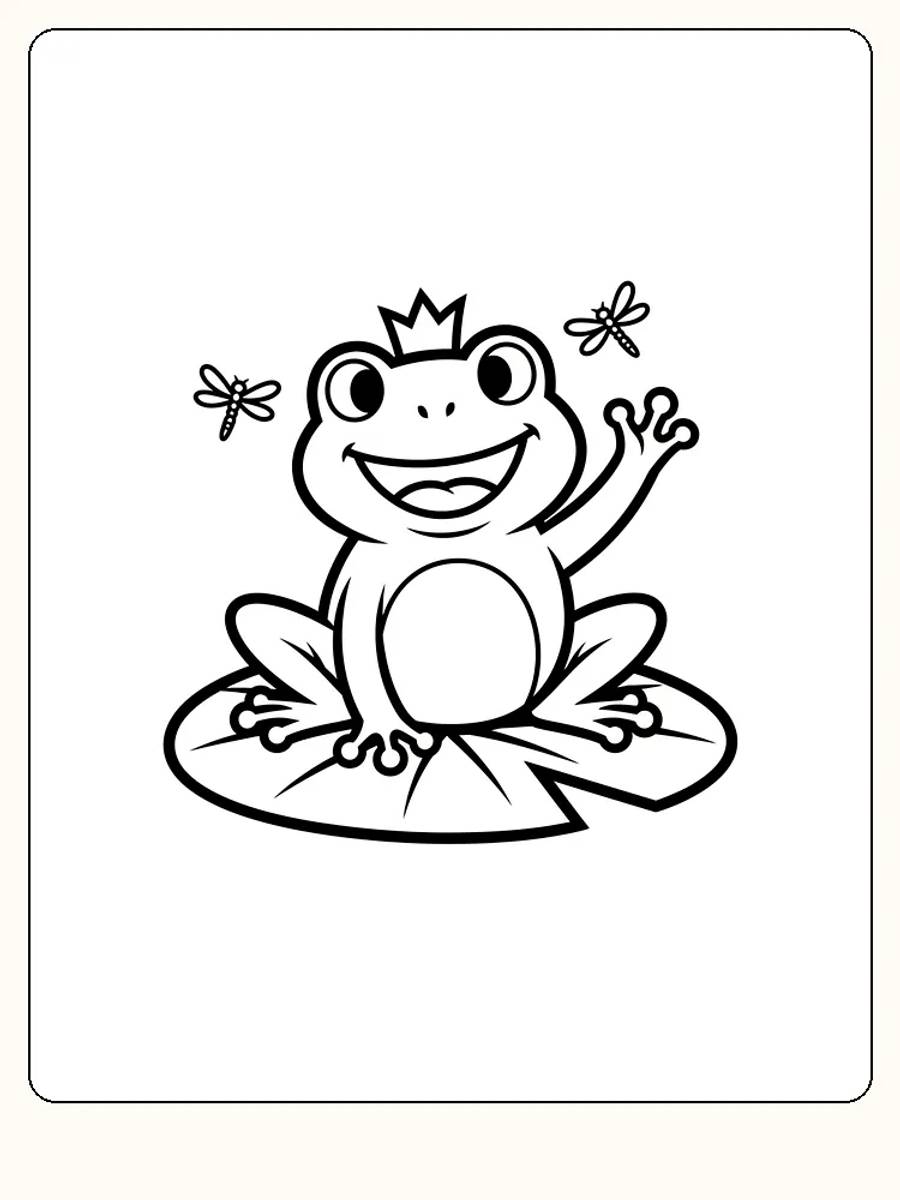 Tegning til farvelægning af glad frø med krone på et åkandeblad, omgivet af insekter, klar til print