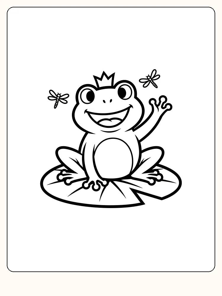 Tegning til farvelægning af glad frø med krone på et åkandeblad, omgivet af insekter, klar til print