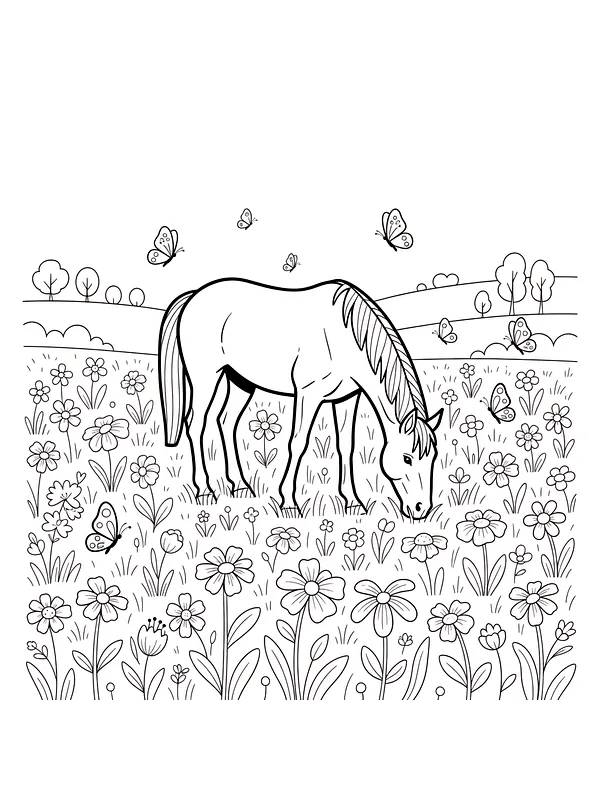 Hest på eng med blomster, underkategori
