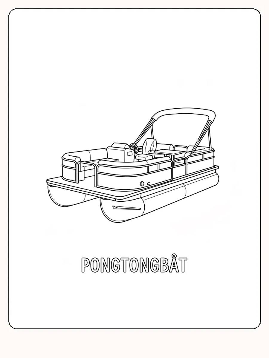 Detailliertes Ausmalbild eines Pontonboots, bereit zum Ausmalen und Ausdrucken.