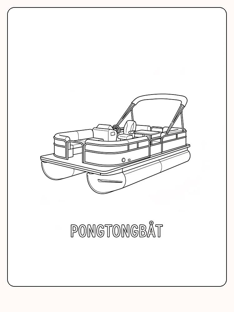 Detailliertes Ausmalbild eines Pontonboots, bereit zum Ausmalen und Ausdrucken.
