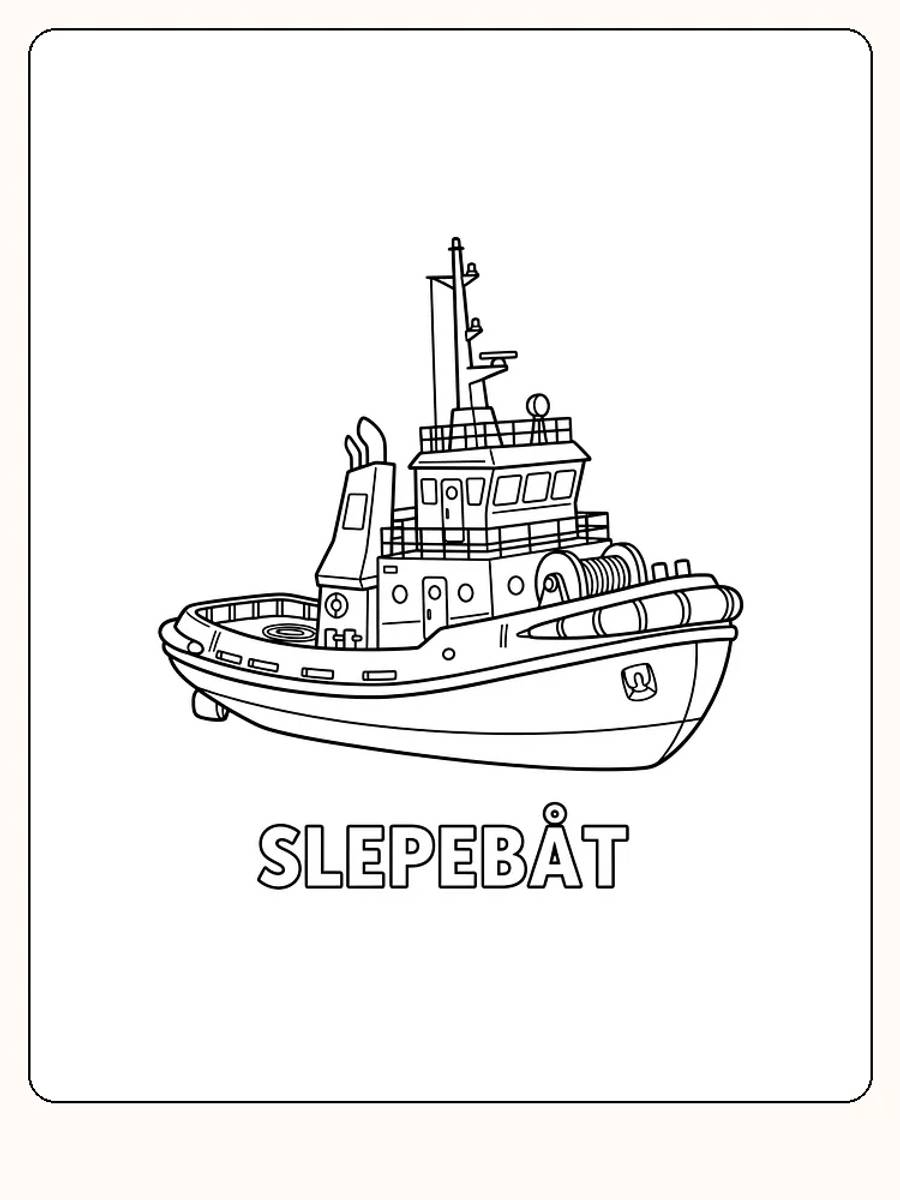 Detaillierte Zeichnung eines Schlepperboots zum Ausdrucken und Ausmalen, perfekt für Kinder, die Boote lieben.