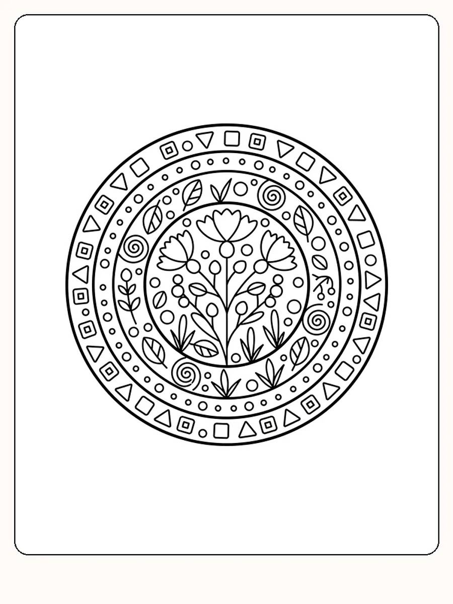 Detaillierte Mandala mit Blumen und geometrischen Mustern zum Ausdrucken und Ausmalen