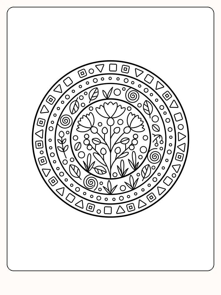 Detaillierte Mandala mit Blumen und geometrischen Mustern zum Ausdrucken und Ausmalen
