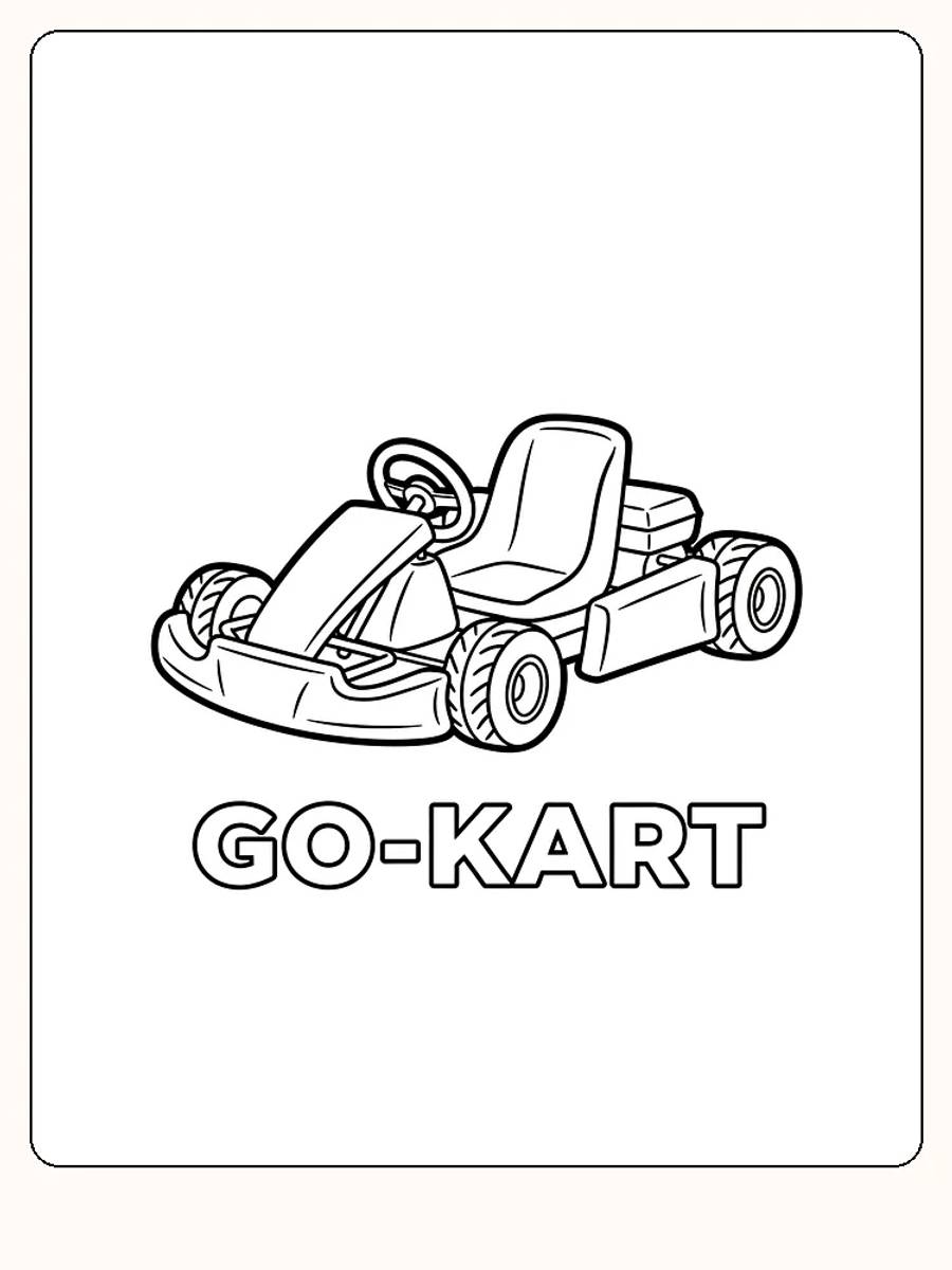 Tegning til farvelægning af en gokart, klar til print og farvelægning